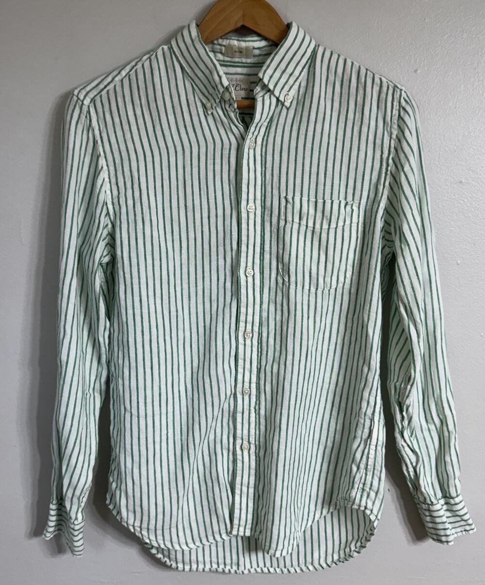 J Crew Shirt Mens Small Slim Irish Linen Button Front Long Sleeve Striped Mint